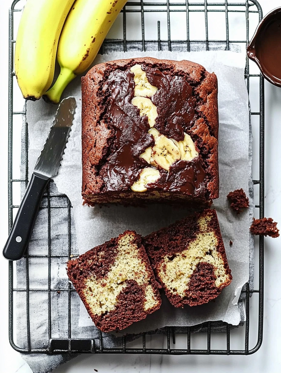 Sliced chocolate marbled banana bread