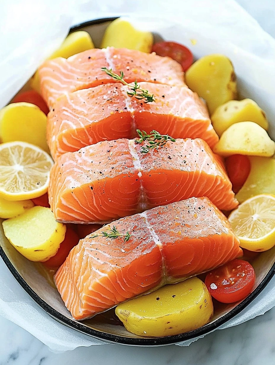 Salmon fillets on potato bed