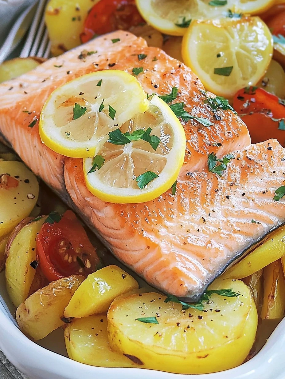 Salmon fillets on potato and tomato bed