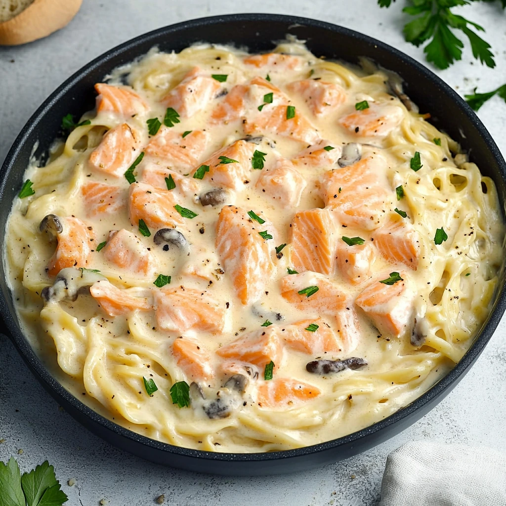 Salmon pasta with Alfredo sauce