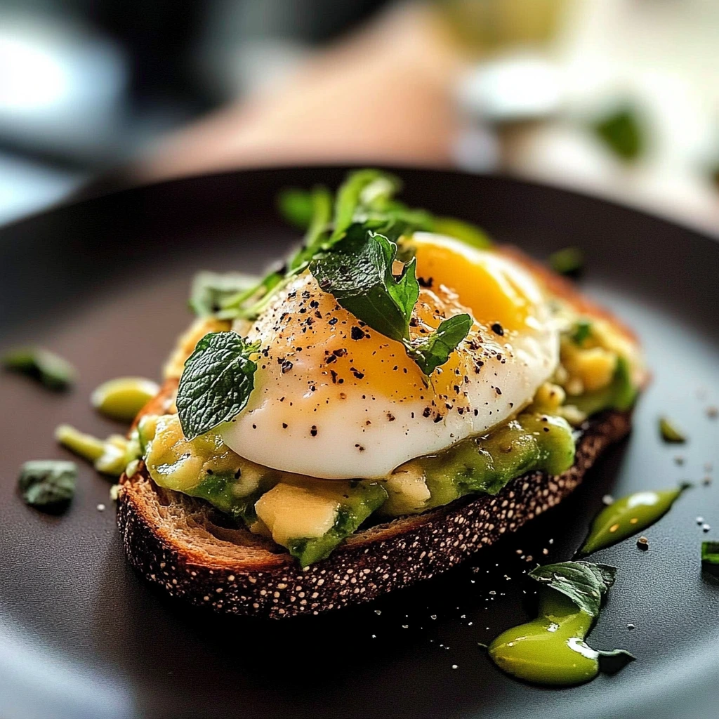 Creamy avocado toast with poached egg