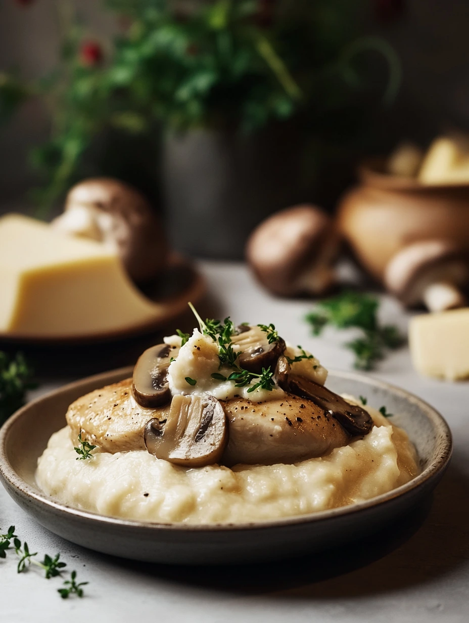 Chicken with Mushrooms and Homemade Cheesy Mashed Potatoes - easy dish