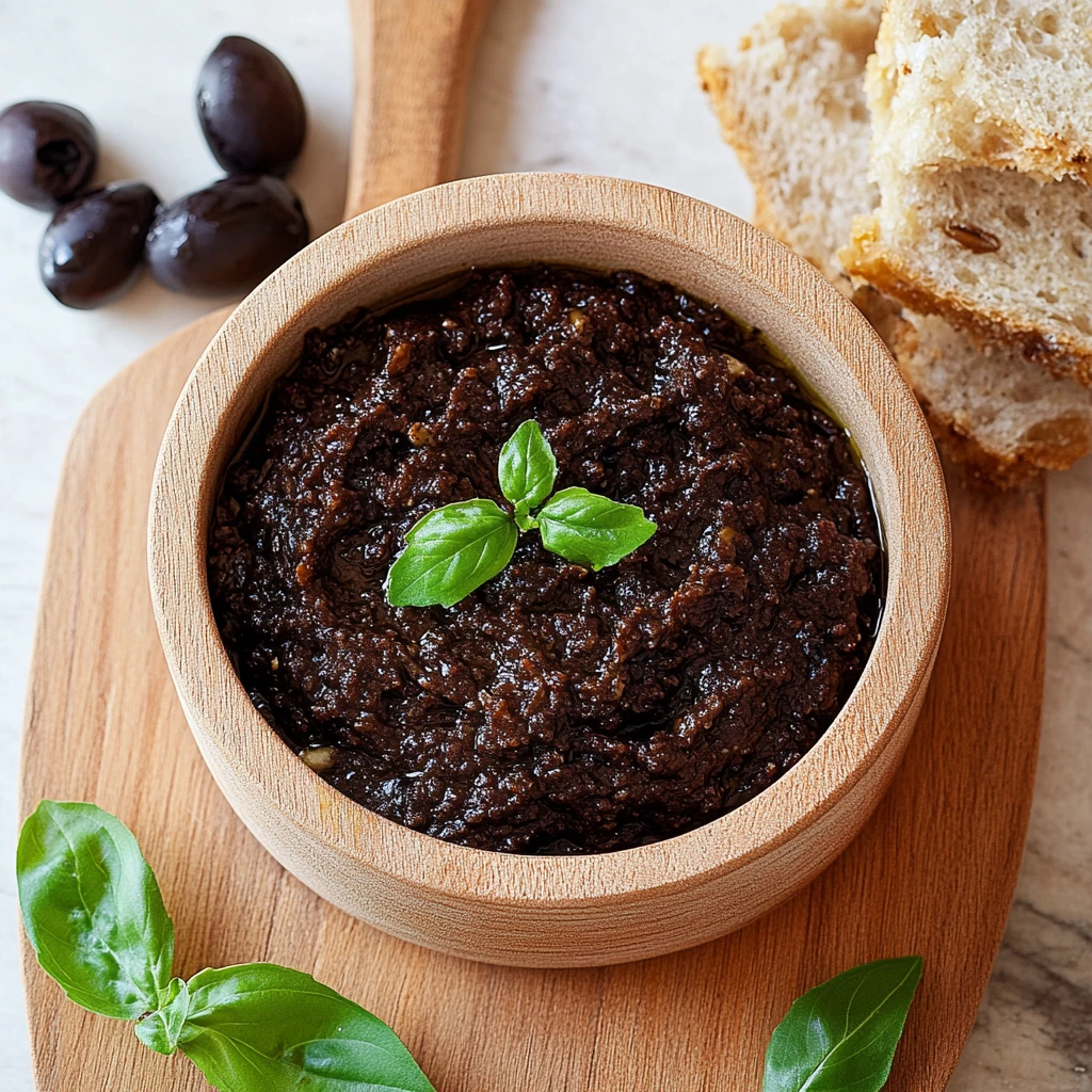 Delicious black olive tapenade spread for appetizers