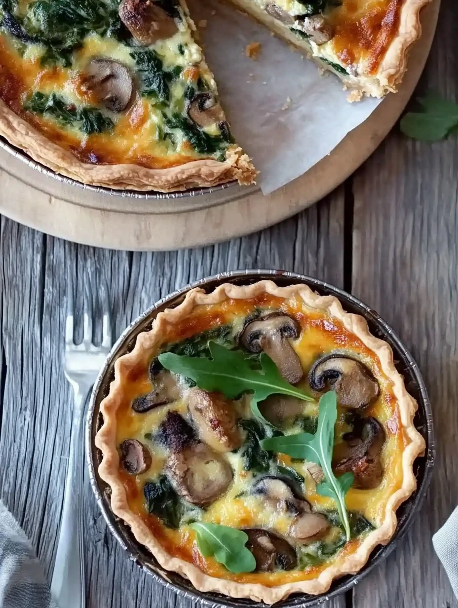 Two spinach and mushroom quiches