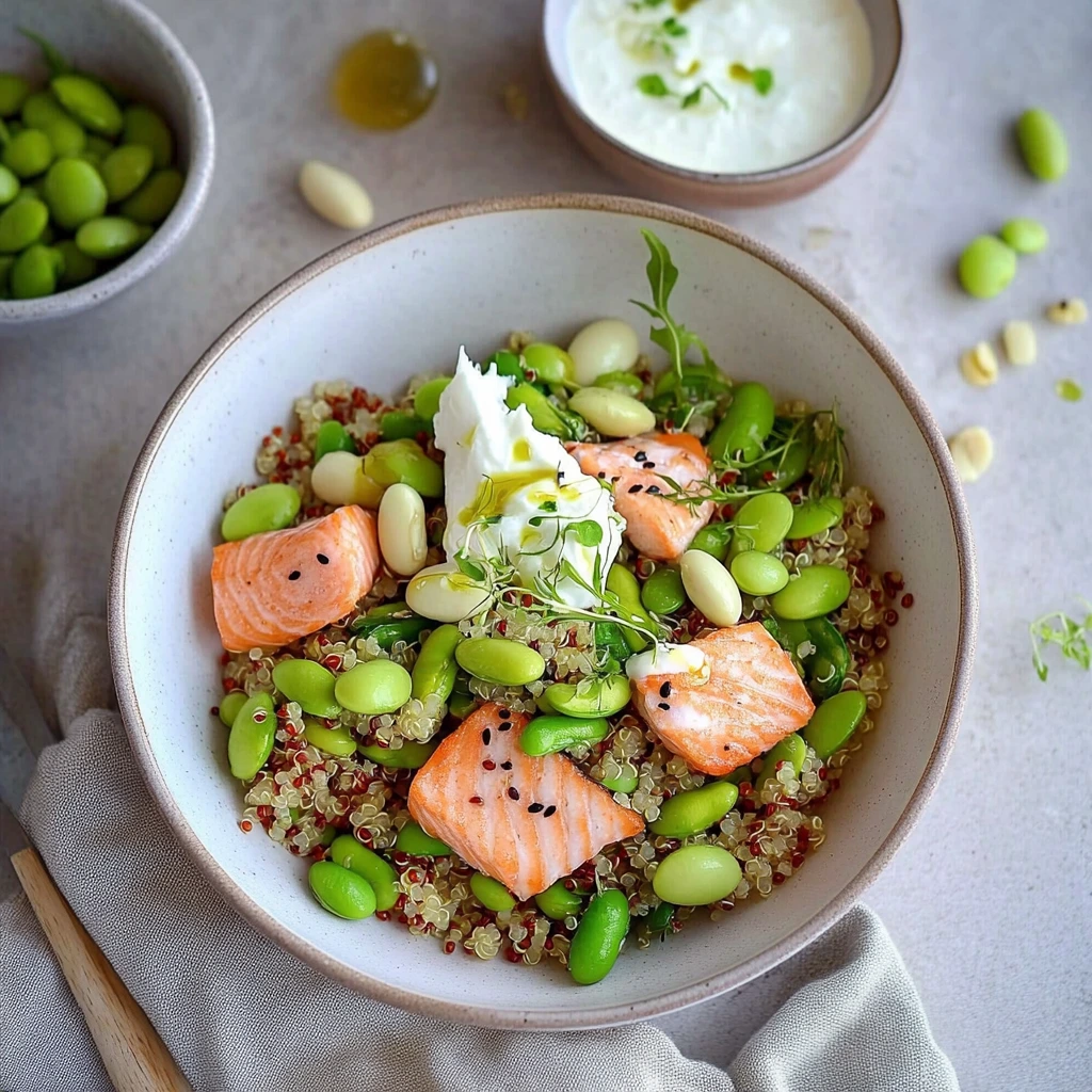 Warm salmon bowl with edamame and quinoa