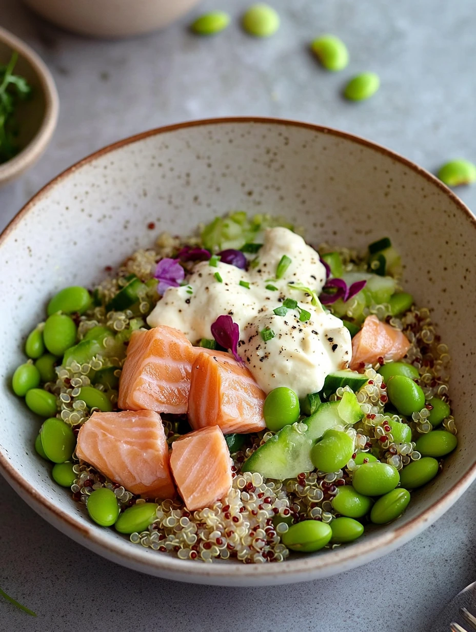 Salmon, quinoa and edamame salad, healthy meal