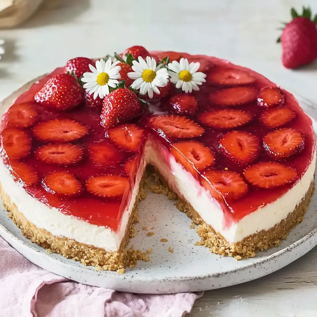 A fresh strawberry dessert with a biscuit crust.