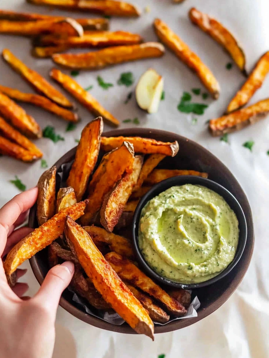 Sweet potato fries and avocado dip in a bowl