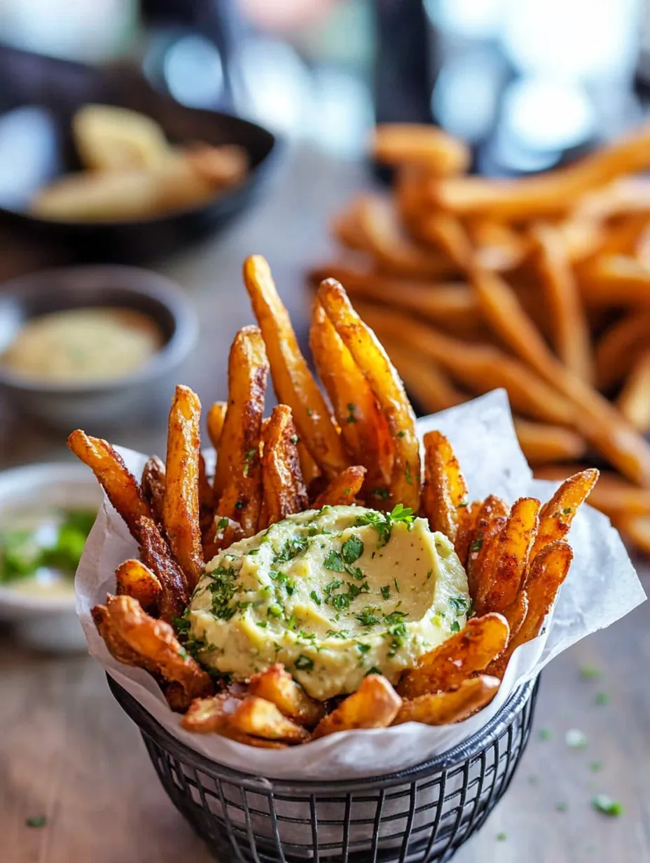 A basket of sweet potato fries and avocado dip