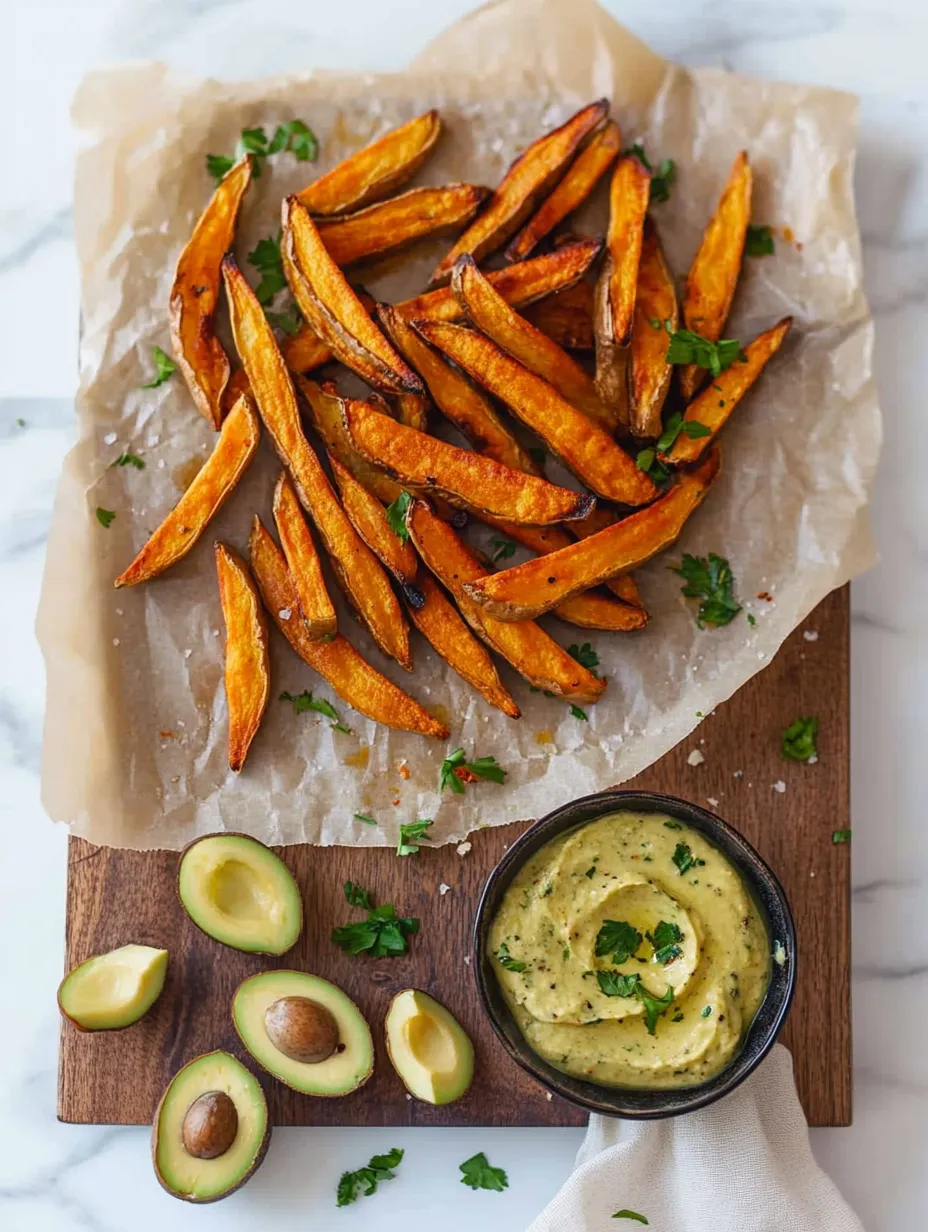 Sweet potato fries and avocado dip ready to serve