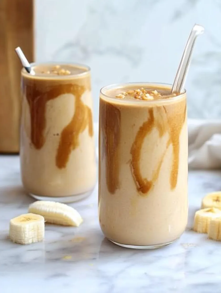 Two glasses of banana-peanut butter smoothie