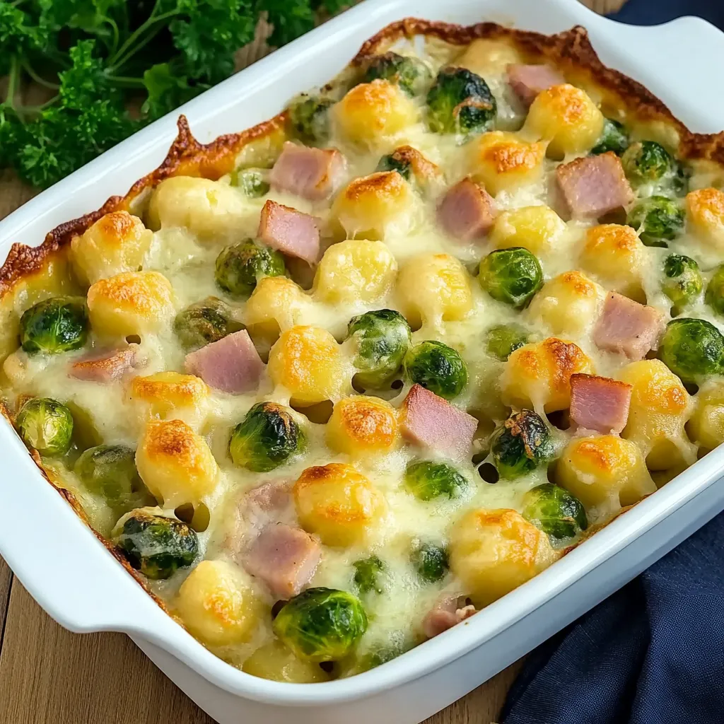 Baked gnocchi with Brussels sprouts and ham