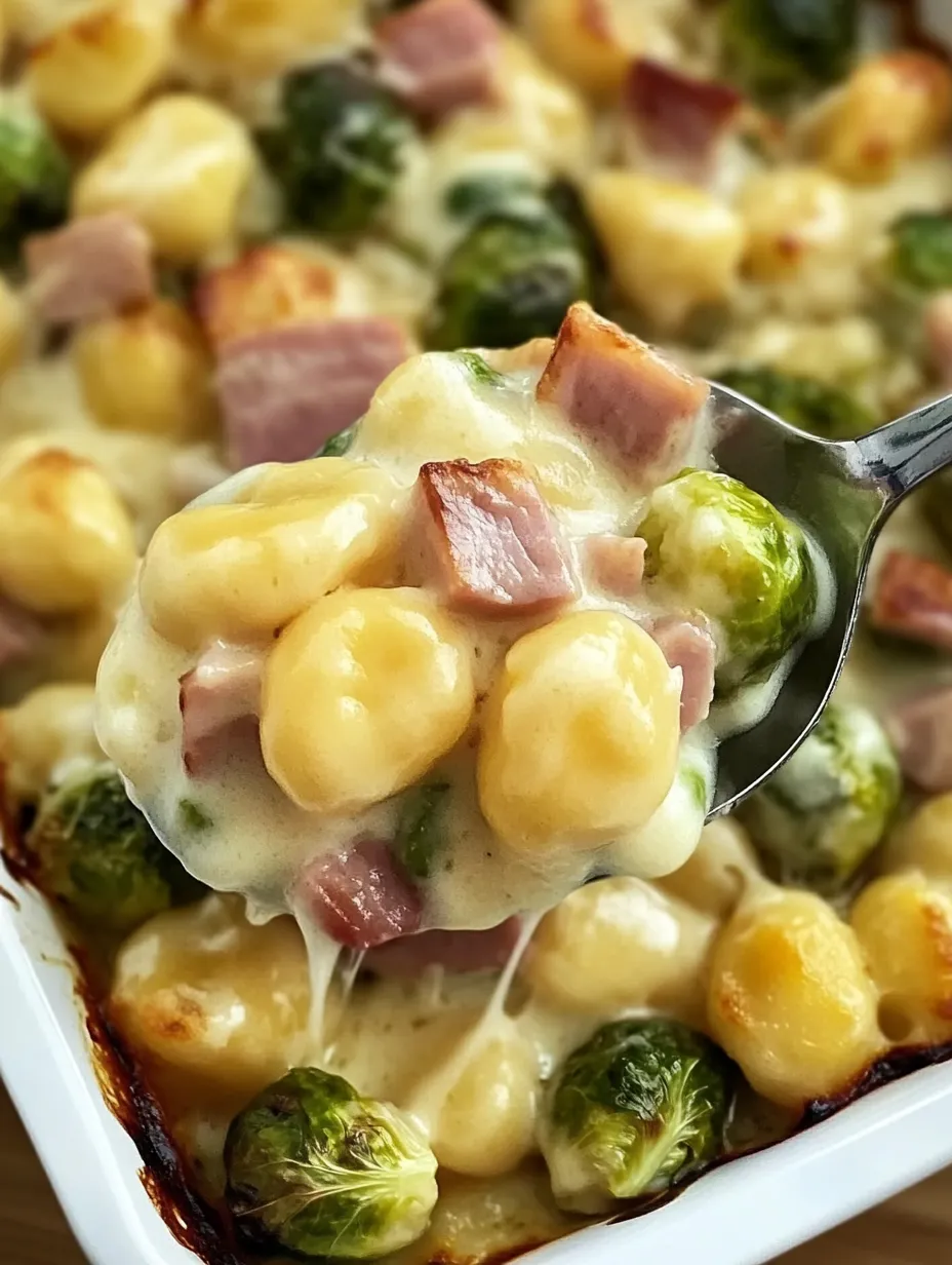 Tasty gnocchi bake with Brussels sprouts and ham