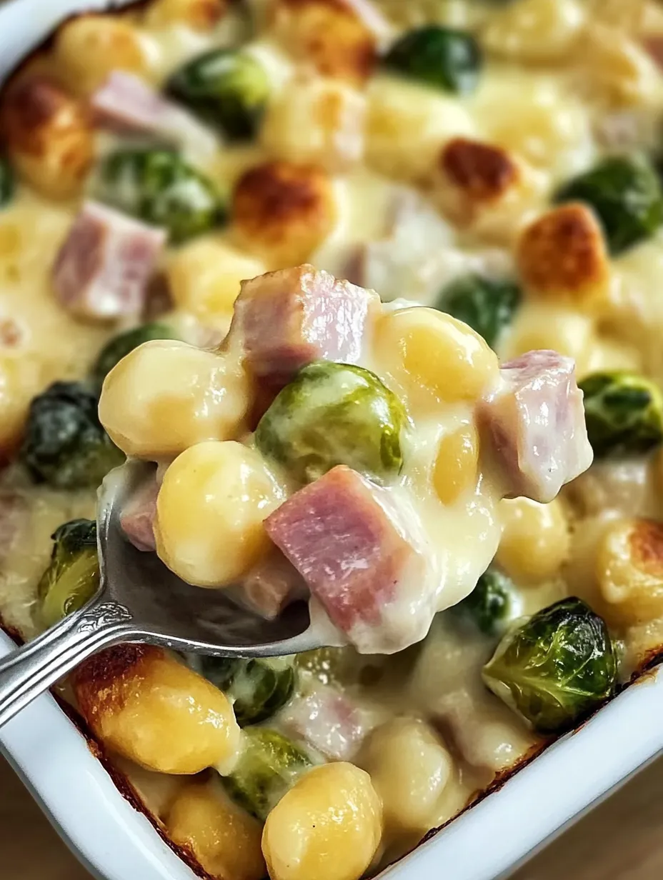 Creamy gnocchi bake with Brussels sprouts & ham