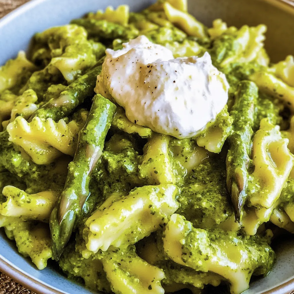 Pasta with wild garlic pesto, green asparagus and burrata