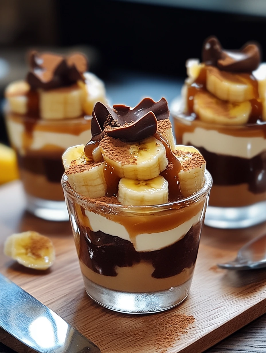 A glass of banana caramel chocolate layered dessert