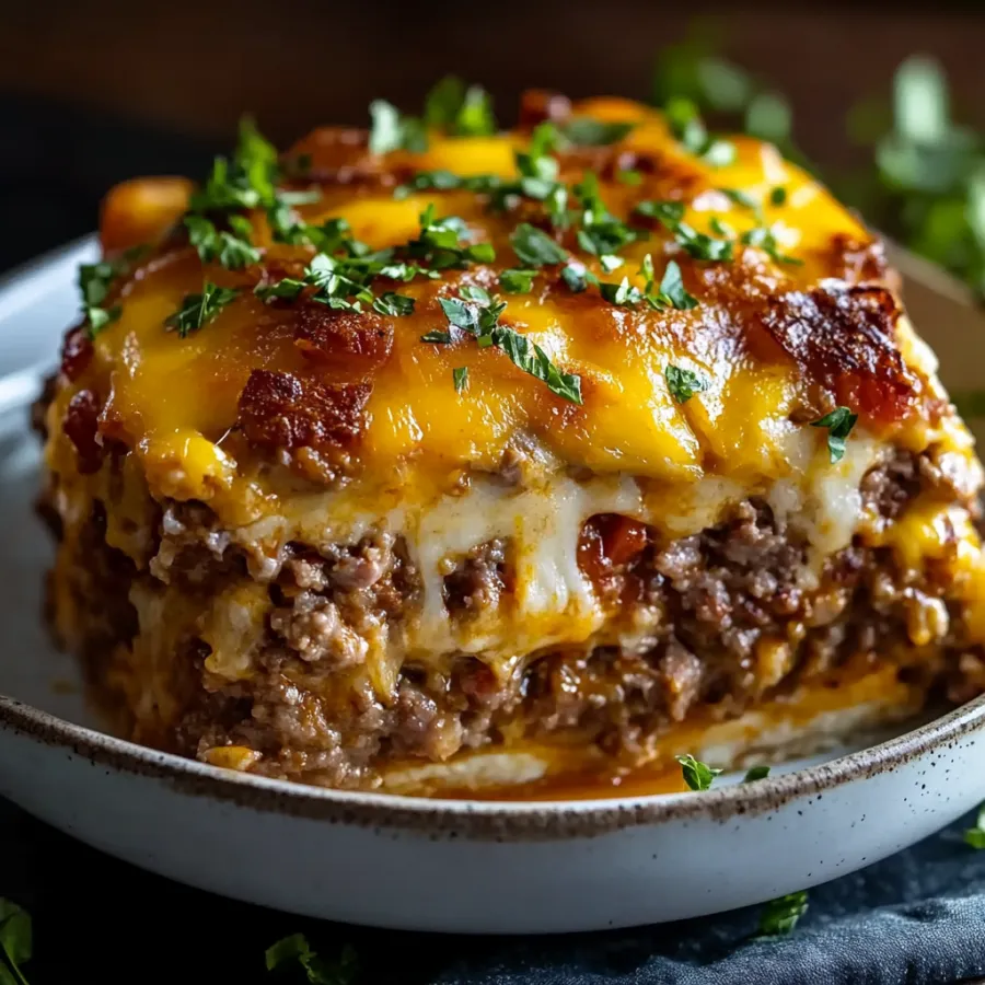 Delicious ground meat casserole with melted cheese center