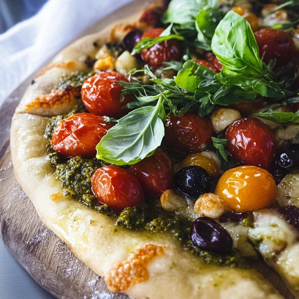 Simple pizza with pesto and cherry tomatoes