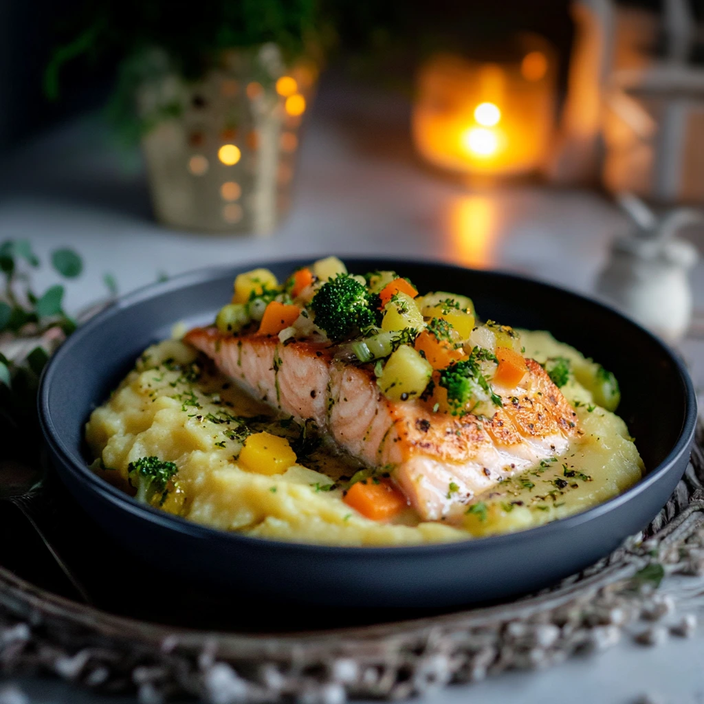 Salmon with veggies and mashed potatoes