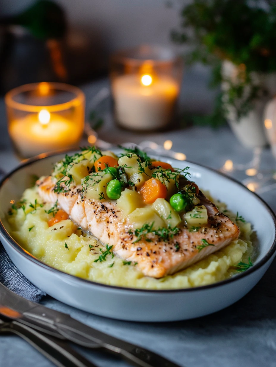 Homemade salmon fillet with vegetables and mashed potatoes