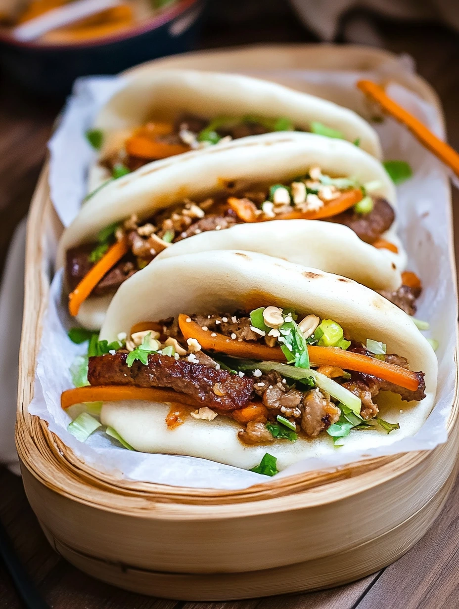 Gua bao with veggies and ground meat, homemade Asian meal