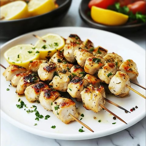 Juicy chicken skewers with citrus, garlic, and herbs fresh from the grill