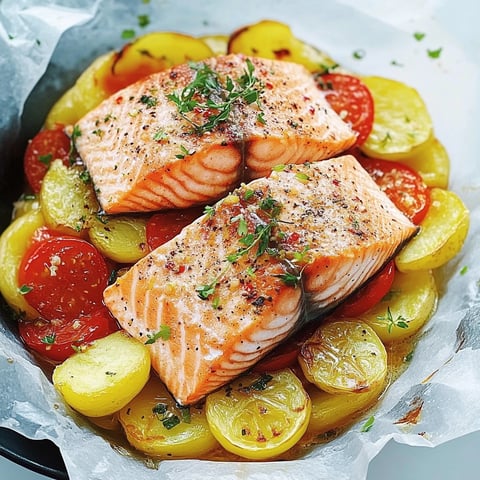Salmon and potatoes baked together with creamy herbed flavors